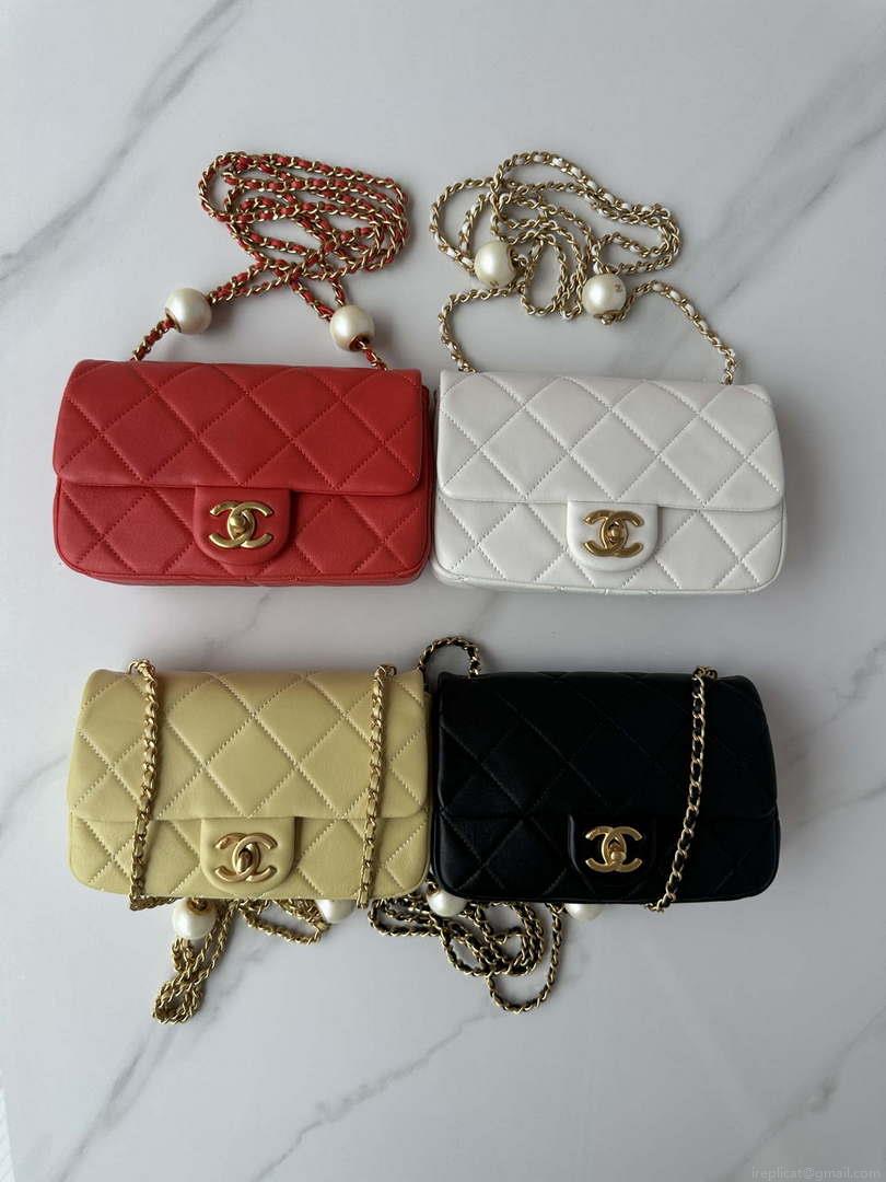 Chanel AS4861 Small Flap Bag Pearly Lambskin Imitation Pearls & Gold-Tone Metal Yellow