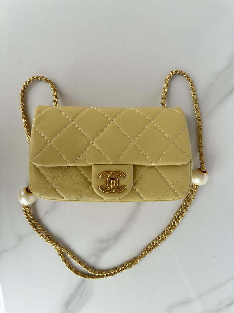 Chanel AS4861 Small Flap Bag Pearly Lambskin Imitation Pearls & Gold-Tone Metal Yellow