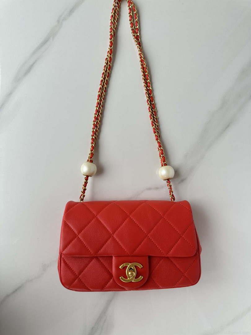 Chanel AS4861 Small Flap Bag Pearly Lambskin Imitation Pearls & Gold-Tone Metal Red