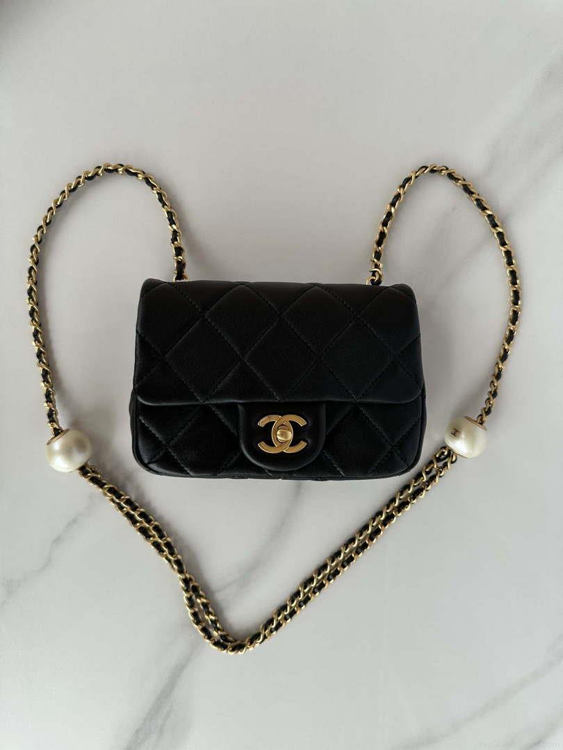Chanel AS4868 Mini Flap Bag Pearly Lambskin Imitation Pearls & Gold-Tone Metal Black