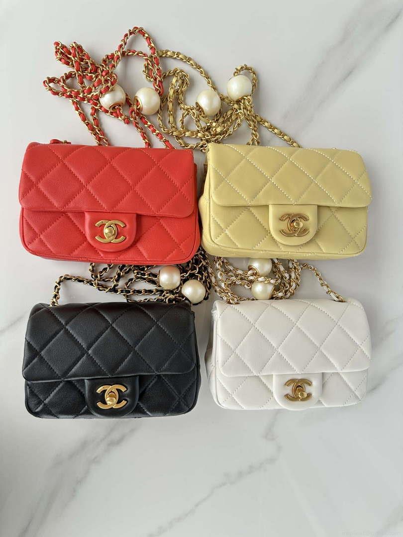 Chanel AS4868 Mini Flap Bag Pearly Lambskin Imitation Pearls & Gold-Tone Metal White