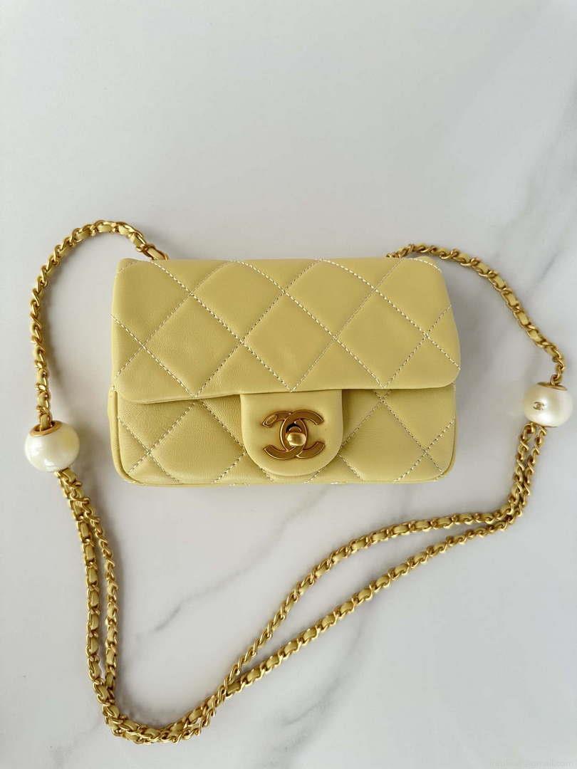 Chanel AS4868 Mini Flap Bag Pearly Lambskin Imitation Pearls & Gold-Tone Metal Yellow