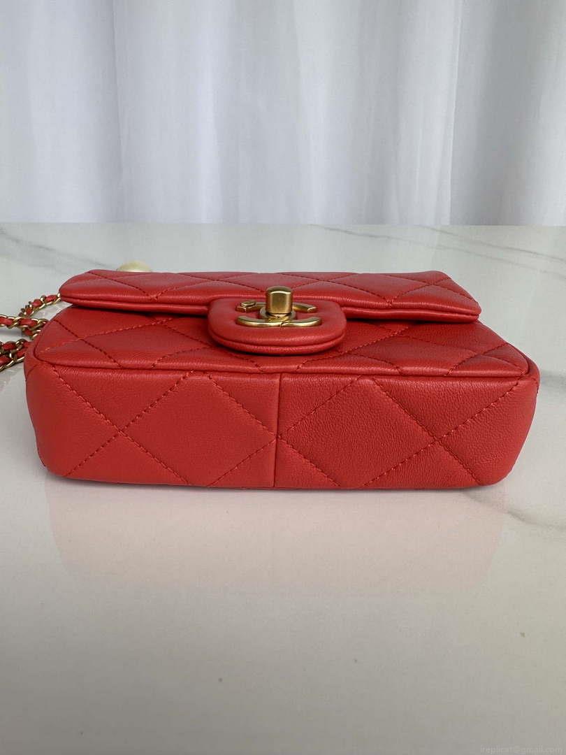 Chanel AS4868 Mini Flap Bag Pearly Lambskin Imitation Pearls & Gold-Tone Metal Red