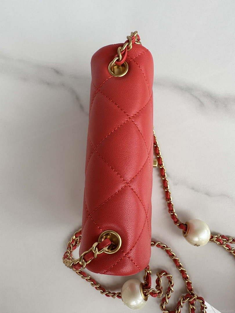 Chanel AS4868 Mini Flap Bag Pearly Lambskin Imitation Pearls & Gold-Tone Metal Red