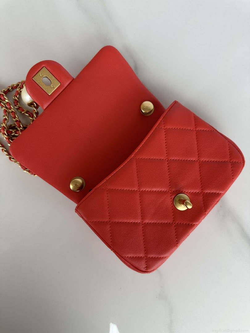 Chanel AS4868 Mini Flap Bag Pearly Lambskin Imitation Pearls & Gold-Tone Metal Red