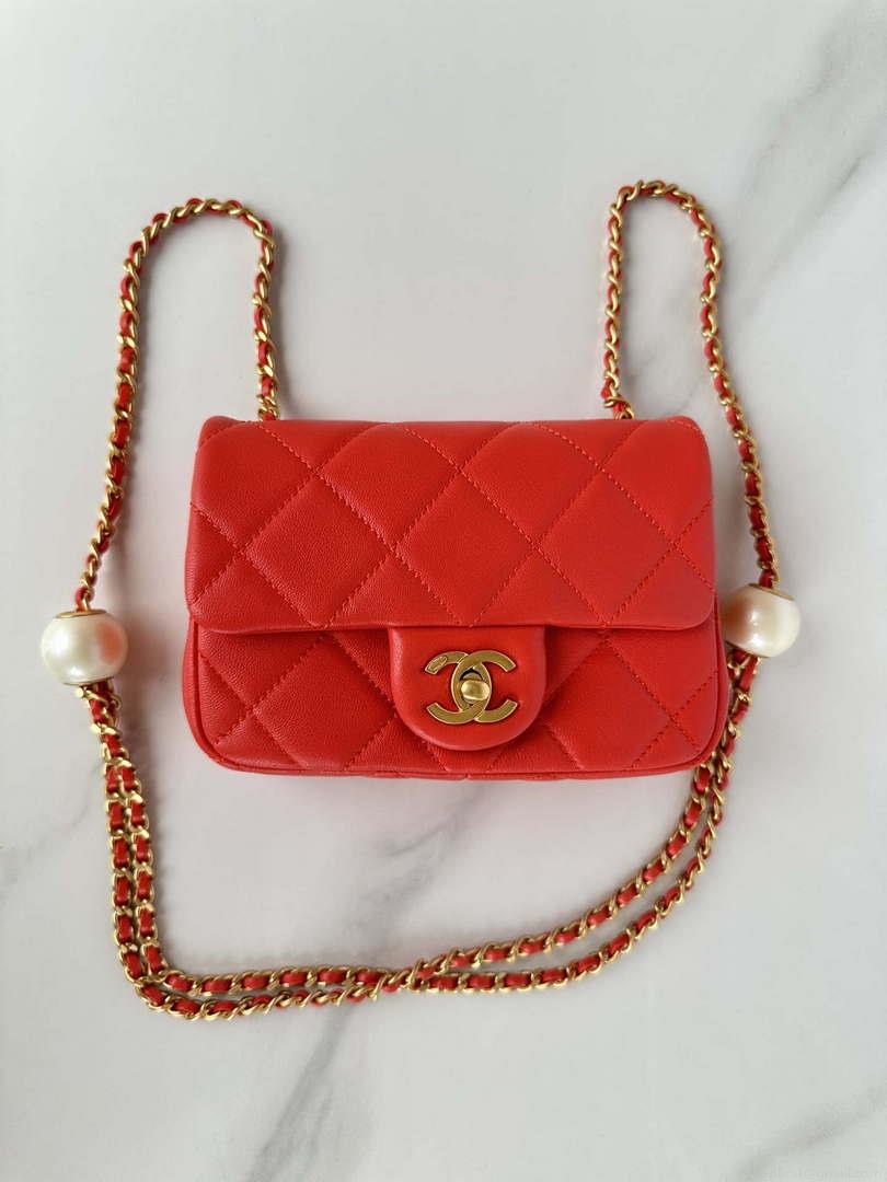 Chanel AS4868 Mini Flap Bag Pearly Lambskin Imitation Pearls & Gold-Tone Metal Red