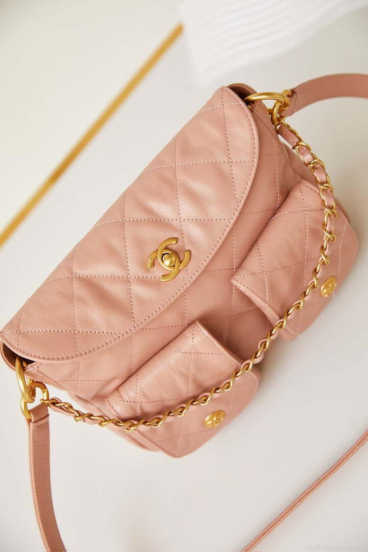 Chanel AS4743 Hobo Handbag Shiny Calfskin & Gold-Tone Metal Pink
