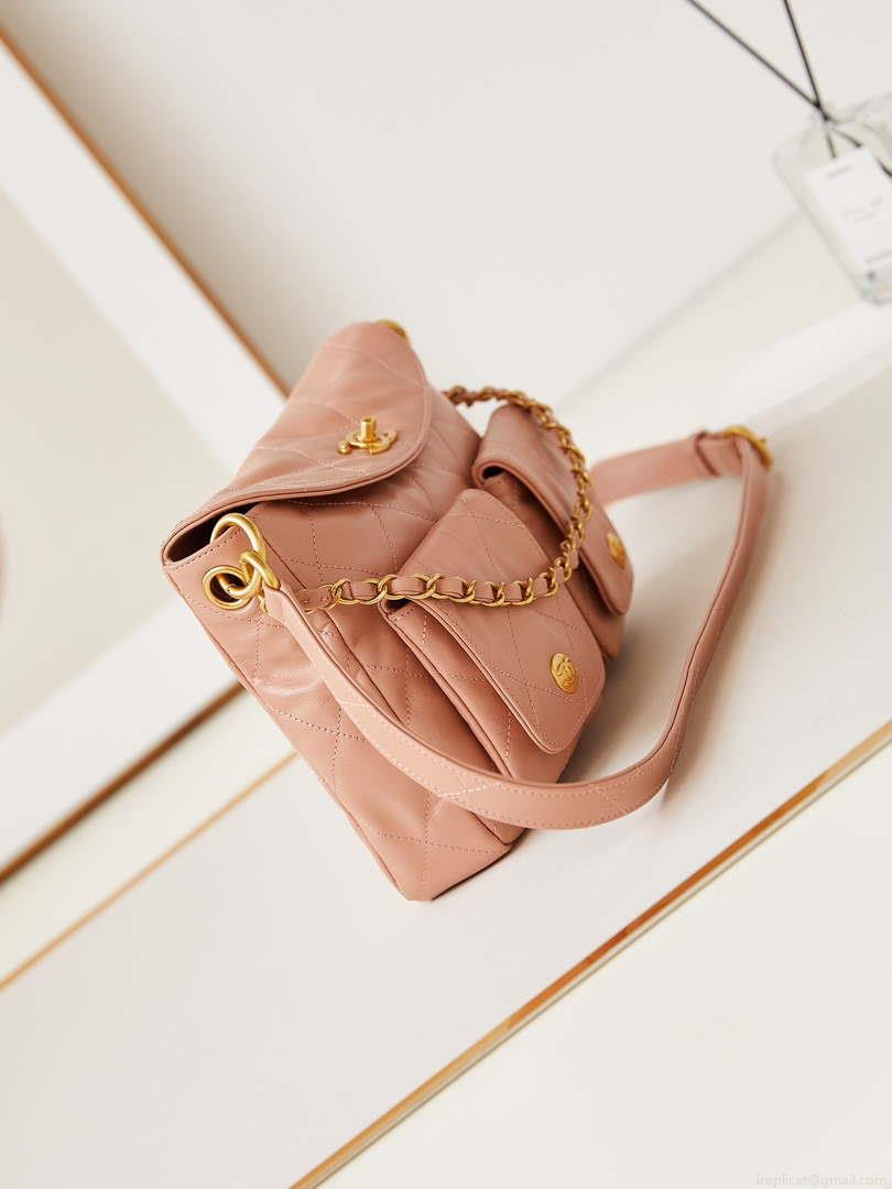 Chanel AS4743 Hobo Handbag Shiny Calfskin & Gold-Tone Metal Pink
