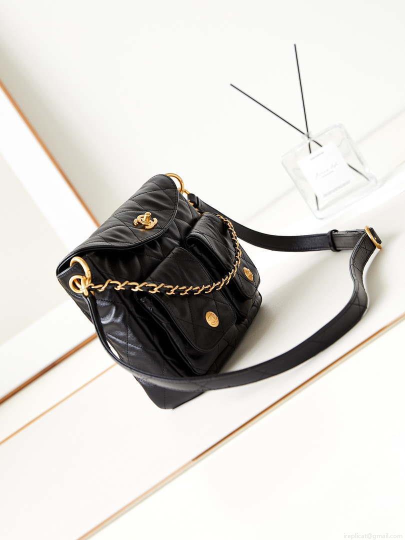 Chanel AS4743 Hobo Handbag Shiny Calfskin & Gold-Tone Metal Black