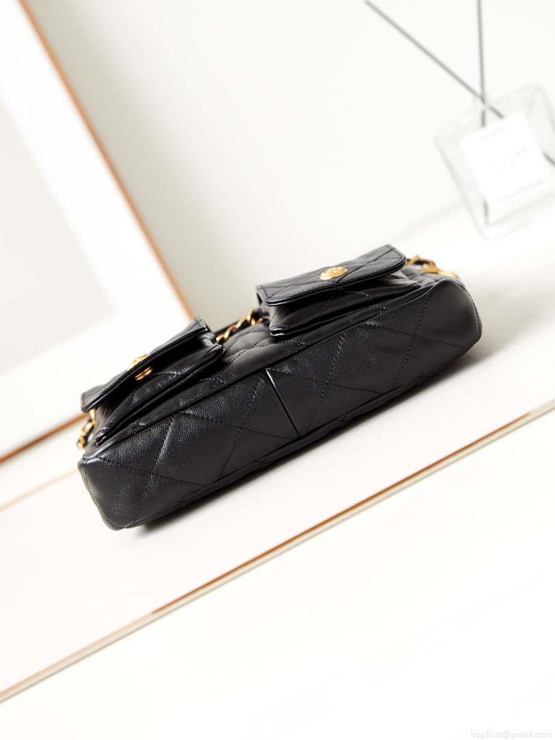 Chanel AS4743 Hobo Handbag Shiny Calfskin & Gold-Tone Metal Black