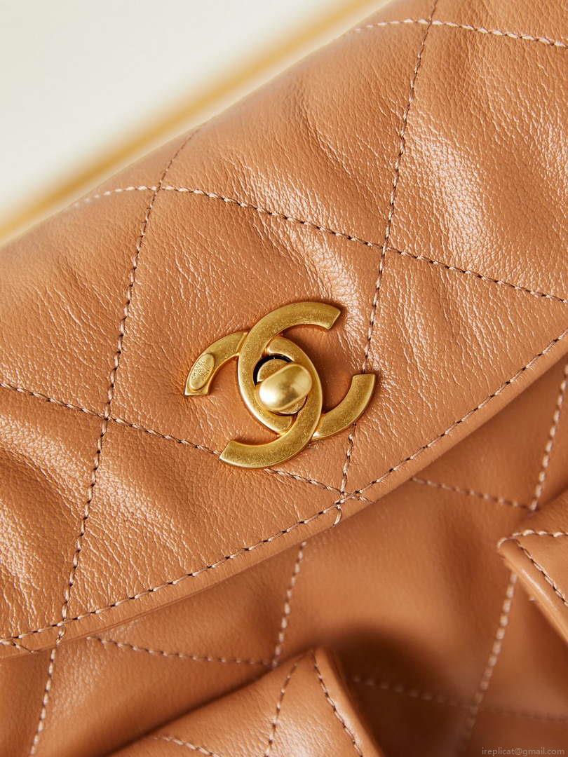 Chanel AS4743 Hobo Handbag Shiny Calfskin & Gold-Tone Metal Camel