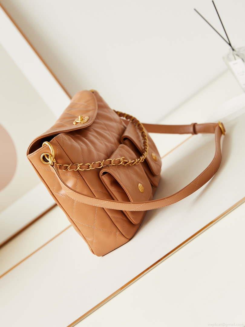 Chanel AS4668 Large Hobo Bag Shiny Calfskin & Gold-Tone Metal Camel