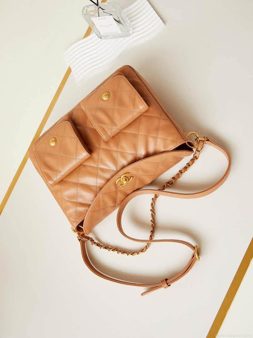 Chanel AS4668 Large Hobo Bag Shiny Calfskin & Gold-Tone Metal Camel