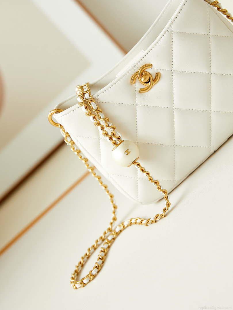 Chanel 24S AS4859 Hobo Bag Lambskin & Gold-Tone Metal Pearl White