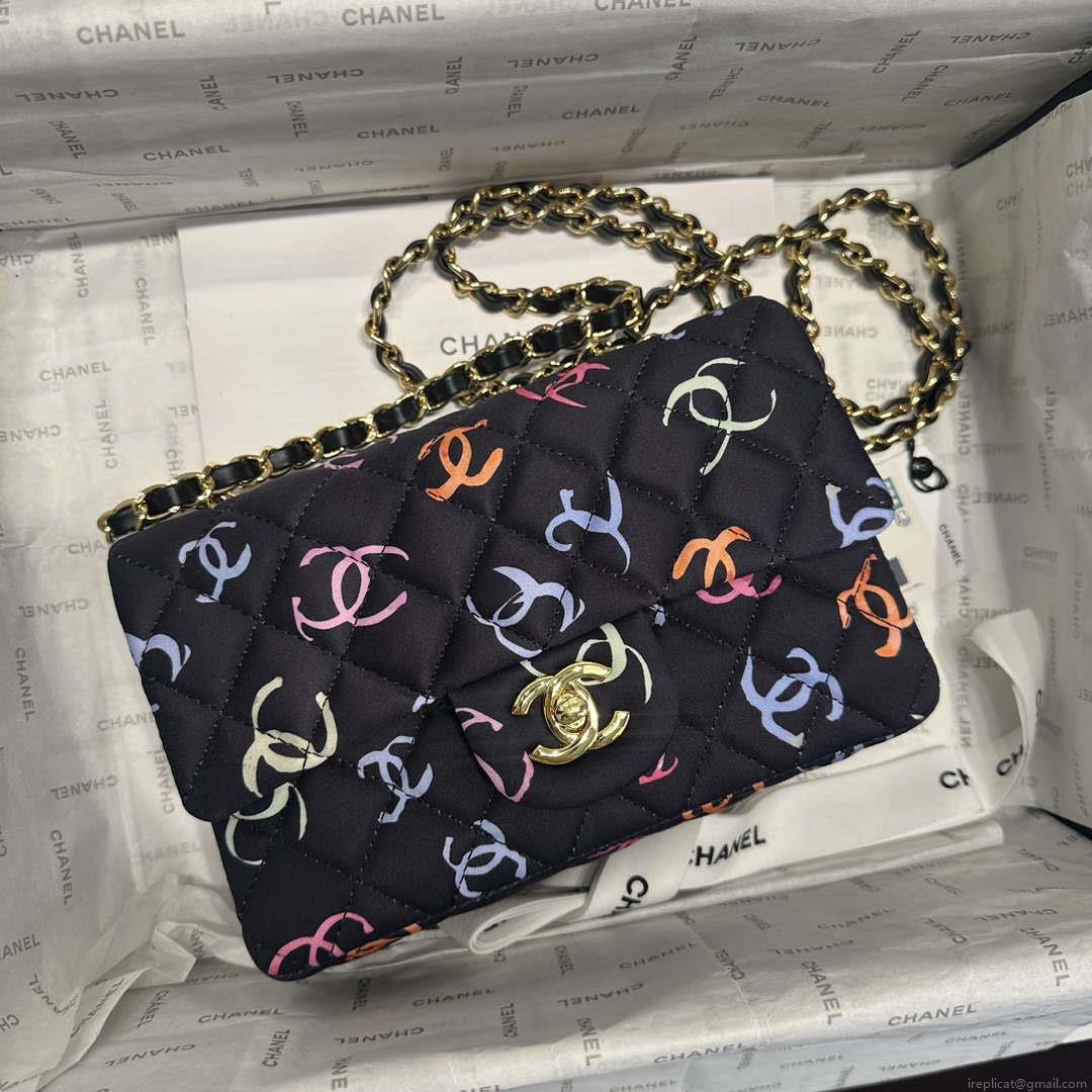 Chanel AS1116 Printed Fabric & Gold Metal Black & Multicolour