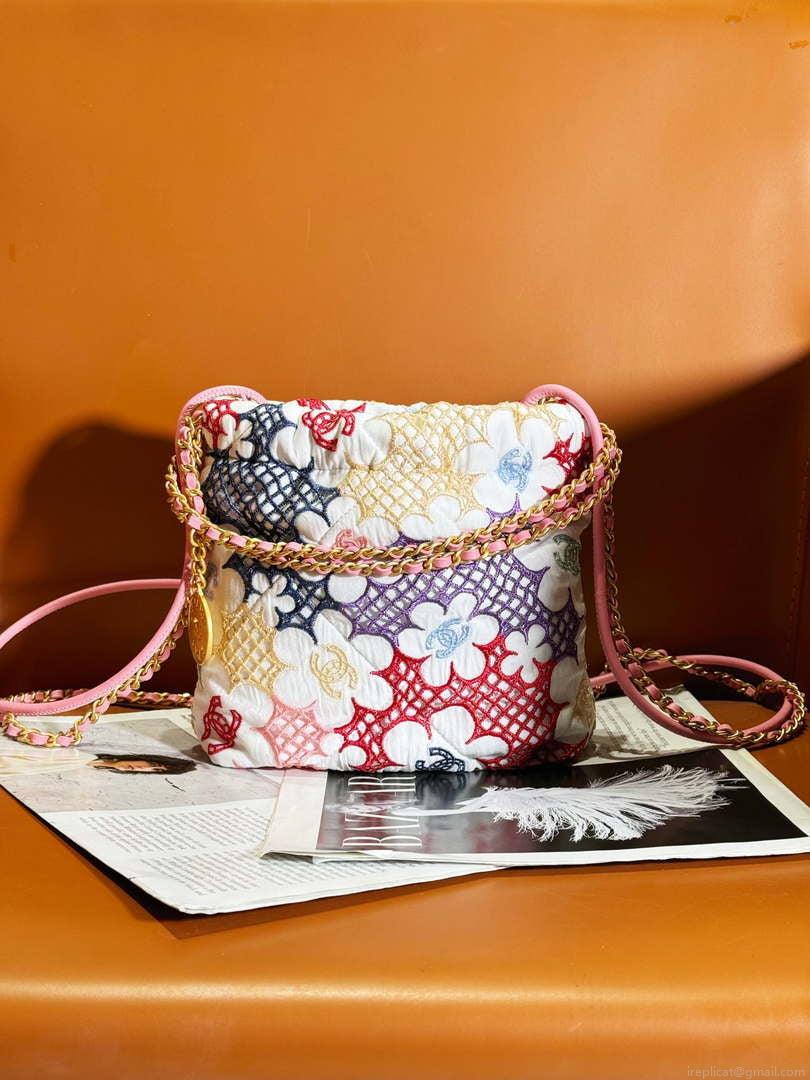 Chanel 22 Mini Handbag AS3980 Lace Patchwork & Gold-Tone Metal Multicolour