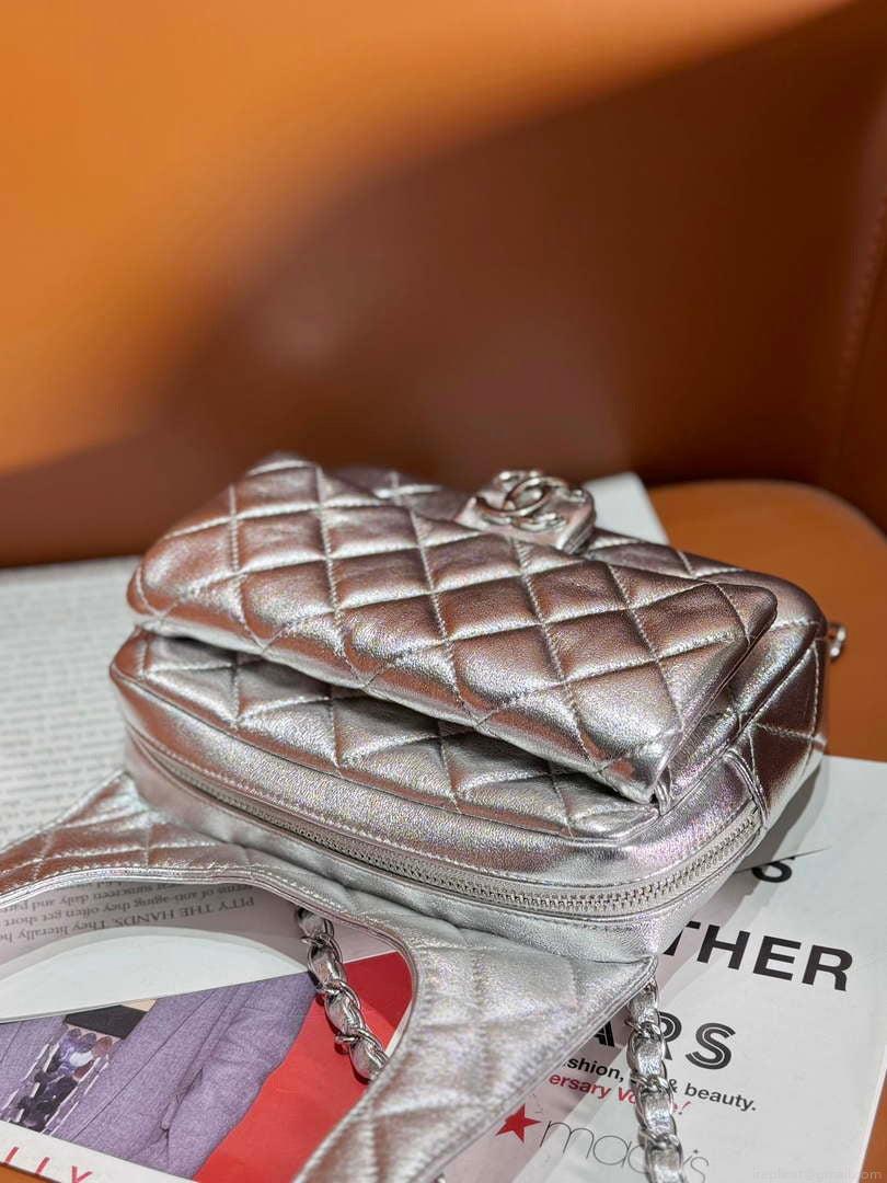 Chanel Backpack Metallic Lambskin & Silver-Tone Metal AS4621 Silver