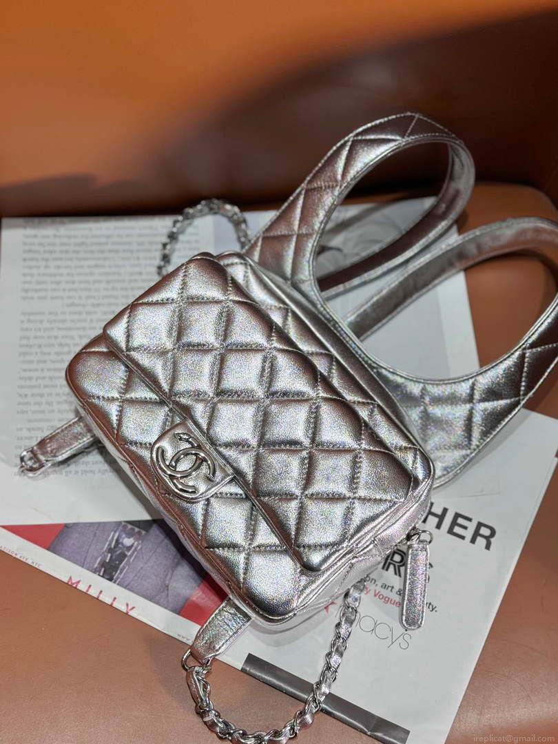 Chanel Backpack Metallic Lambskin & Silver-Tone Metal AS4621 Silver