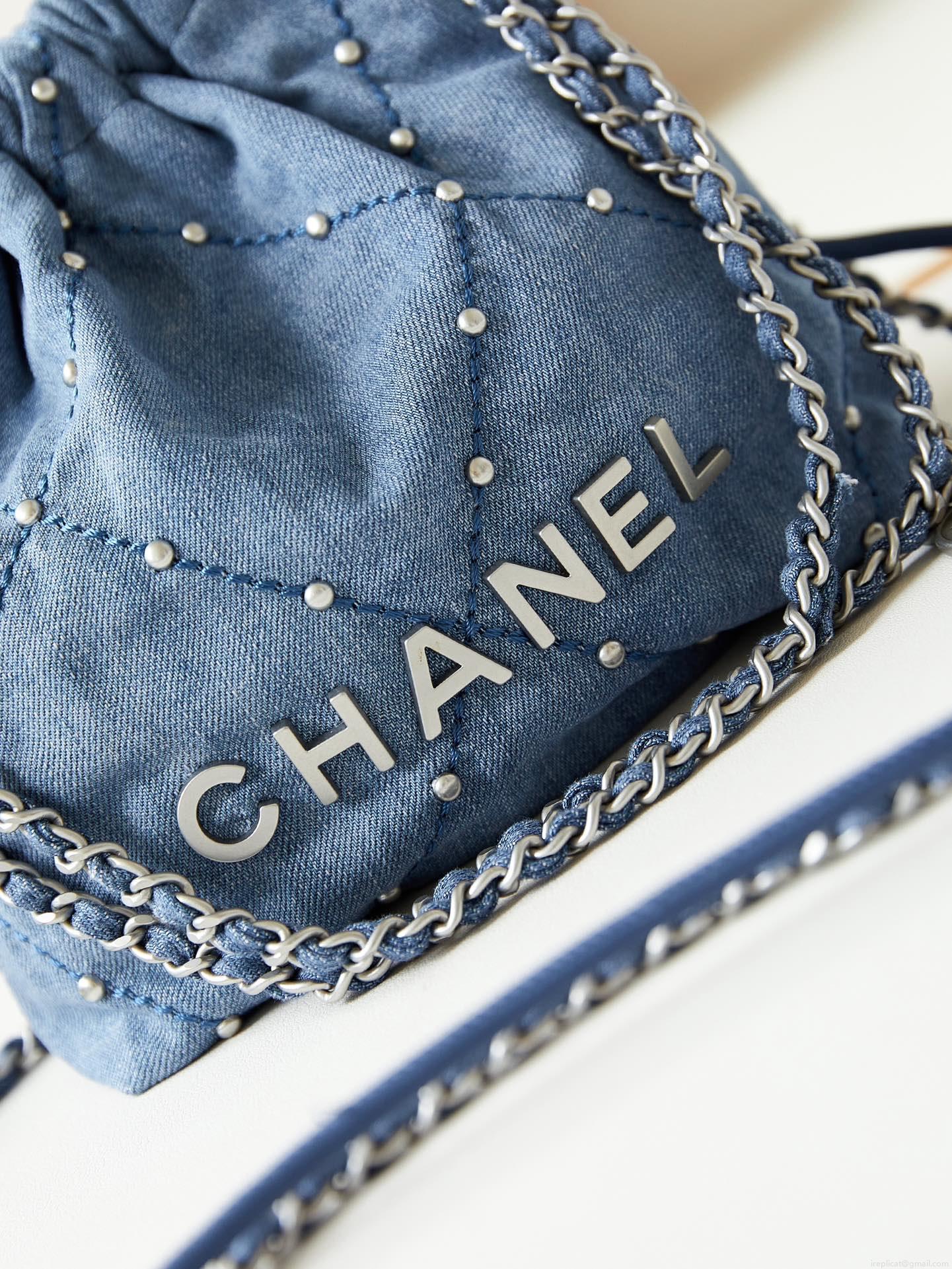 Chanel 22 Mini Handbag AS3980 Washed Denim & Silver-Tone Metal Blue