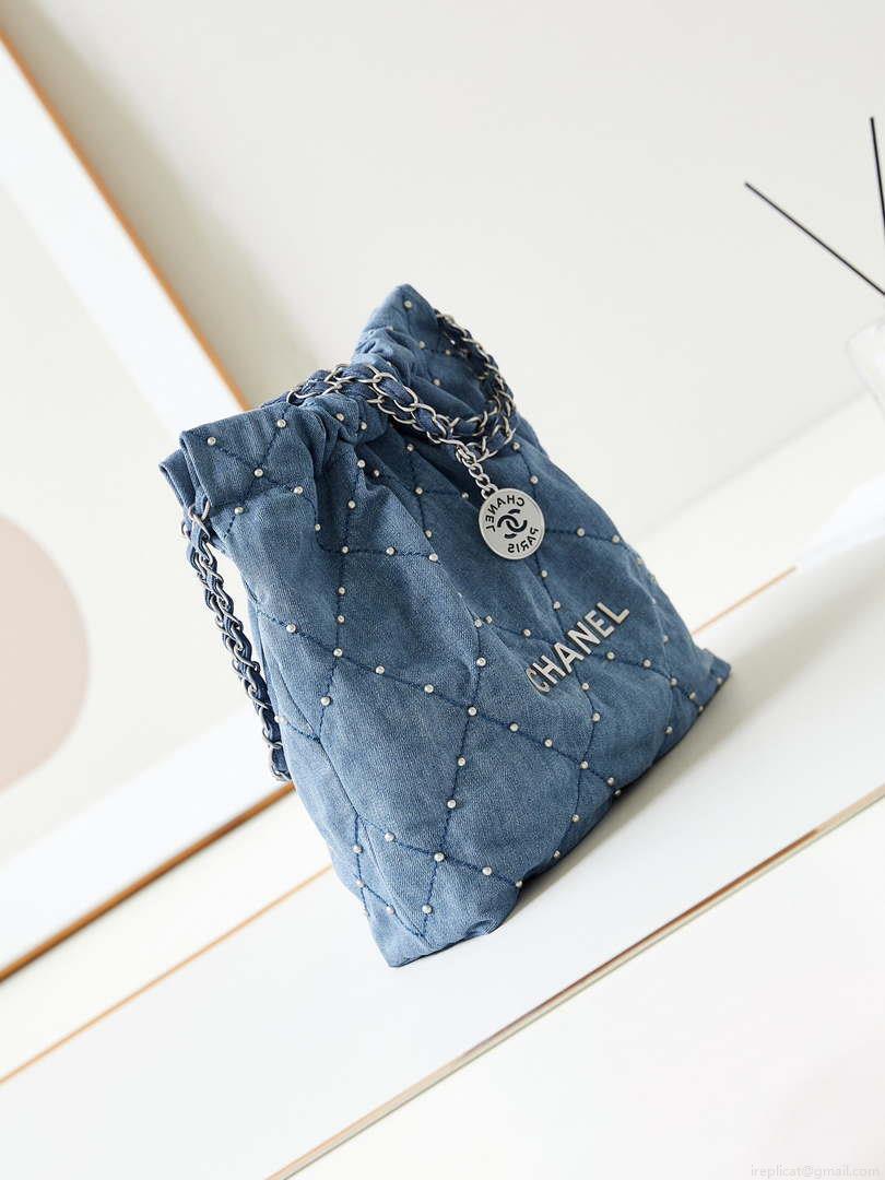 Chanel 22 Small Handbag Washed Denim & Silver-Tone Metal AS3260 Blue