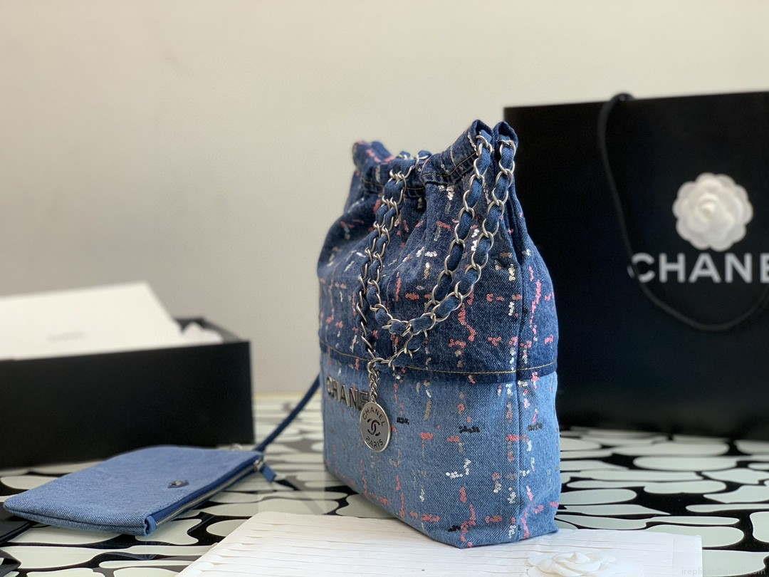 Chanel 22 Small Handbag Denim & Silver-Tone Metal AS3260 Blue Multicolor