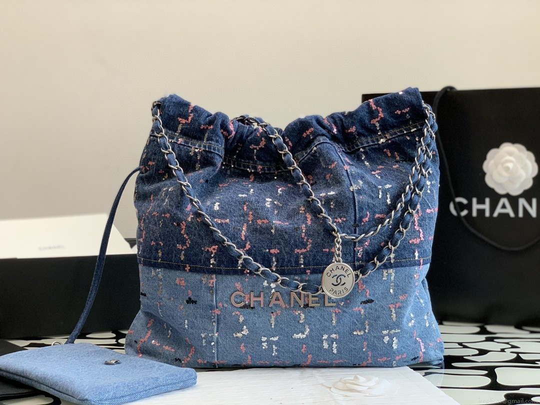 Chanel AS3261 22 Handbag Washed Denim & Silver-Tone Metal Blue Multicolor