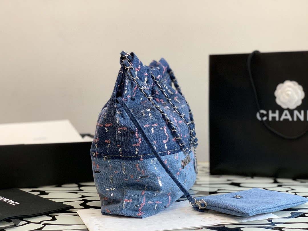 Chanel AS3261 22 Handbag Washed Denim & Silver-Tone Metal Blue Multicolor