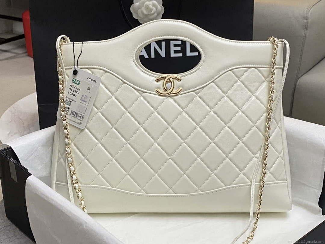 Chanel AS4854 Shopping Bag Shiny Lambskin & Gold-Tone Metal White