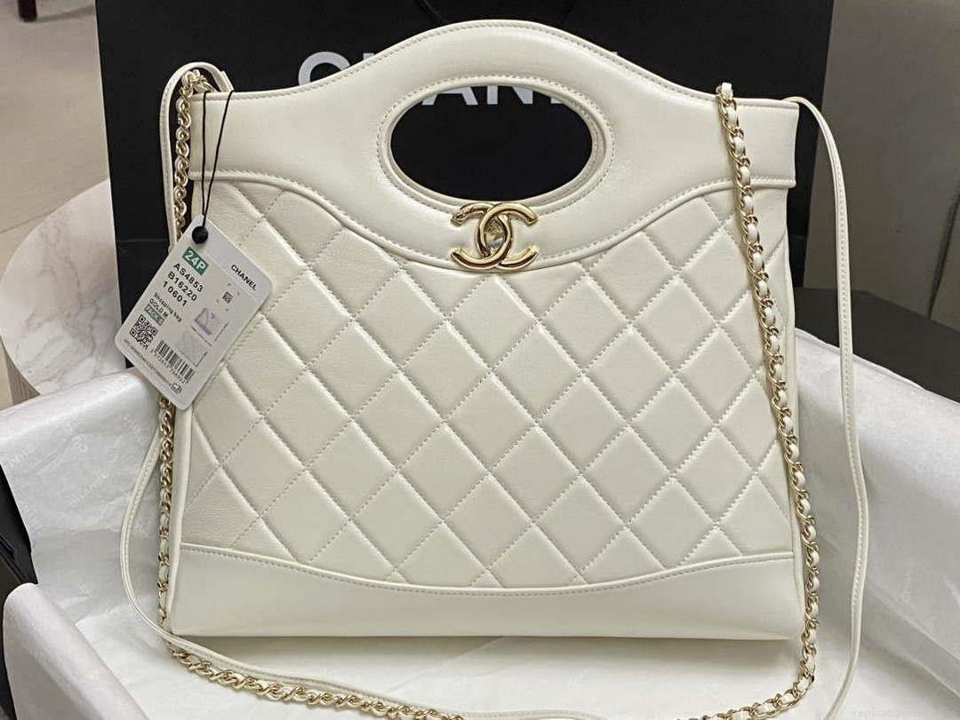 Chanel AS4853 Shopping Bag Shiny Lambskin & Gold-Tone Metal White
