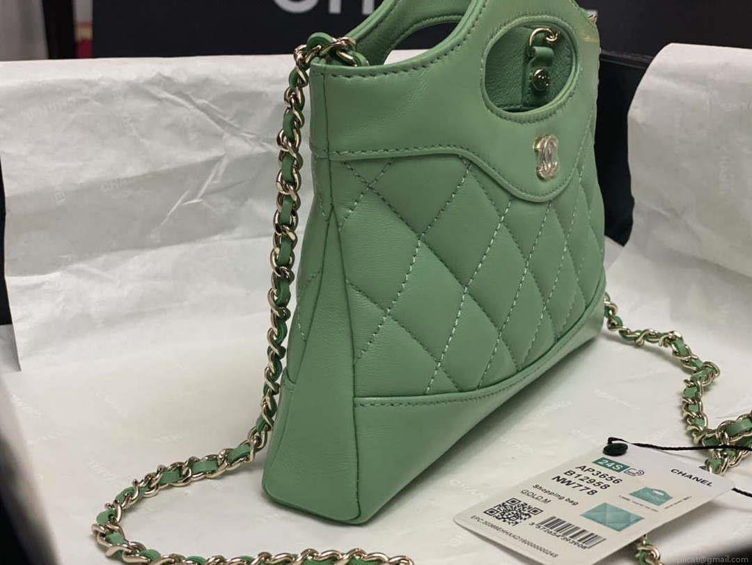 Chanel AP3656 Small Shopping Bag Shiny Lambskin & Gold-Tone Metal Green
