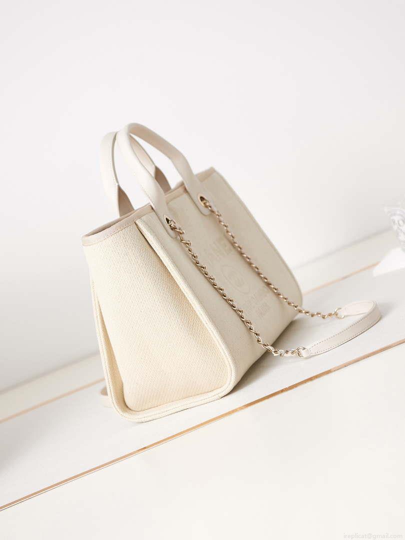 Chanel AS3257 Small Shopping Bag Mixed Fibers Calfskin & Gold-Tone Metal White