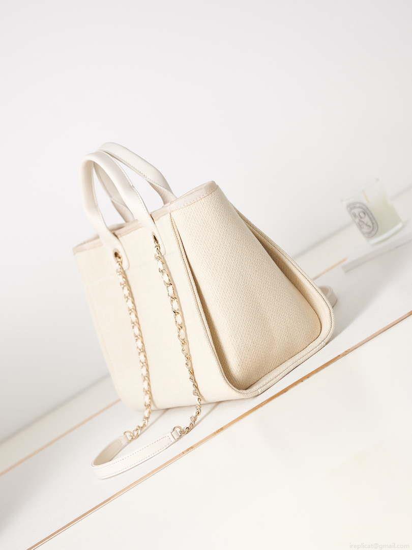 Chanel AS3257 Small Shopping Bag Mixed Fibers Calfskin & Gold-Tone Metal White