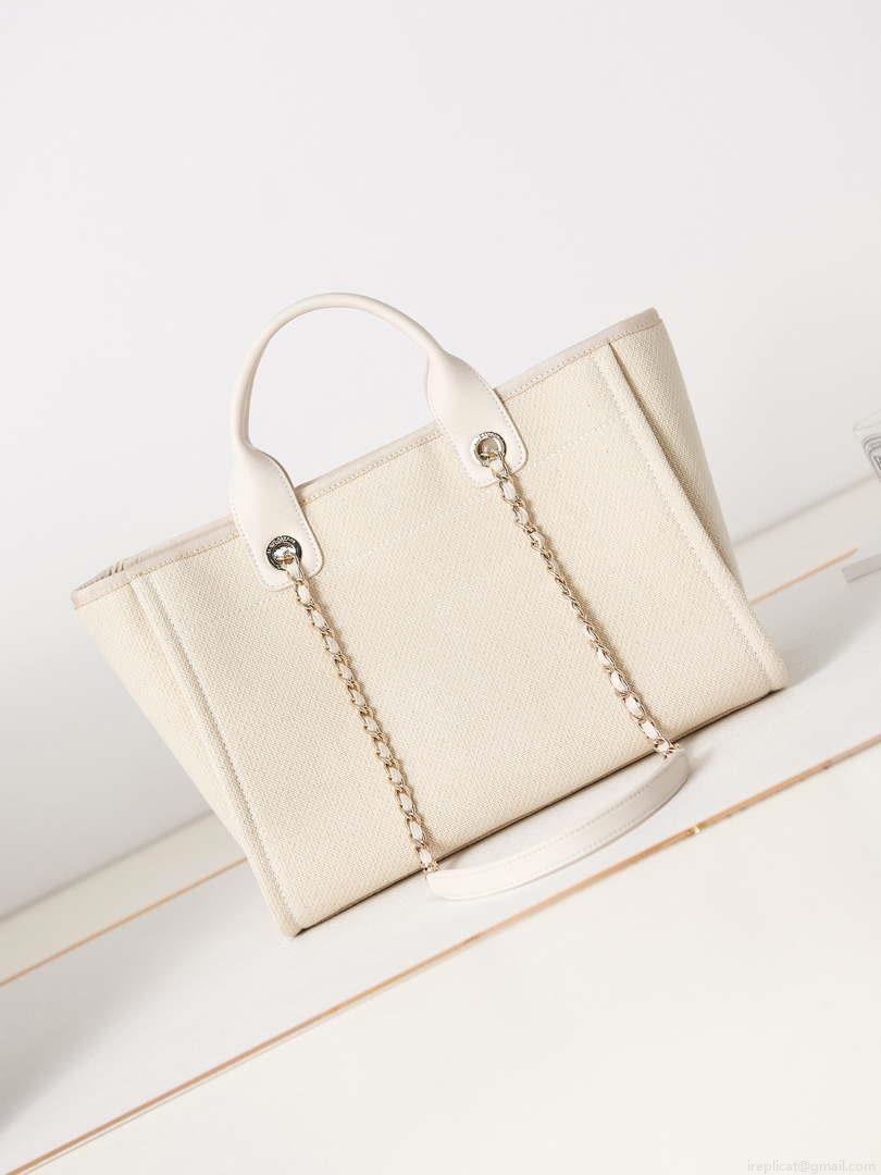 Chanel AS3257 Small Shopping Bag Mixed Fibers Calfskin & Gold-Tone Metal White