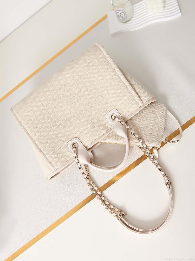 Chanel AS3257 Small Shopping Bag Mixed Fibers Calfskin & Gold-Tone Metal White