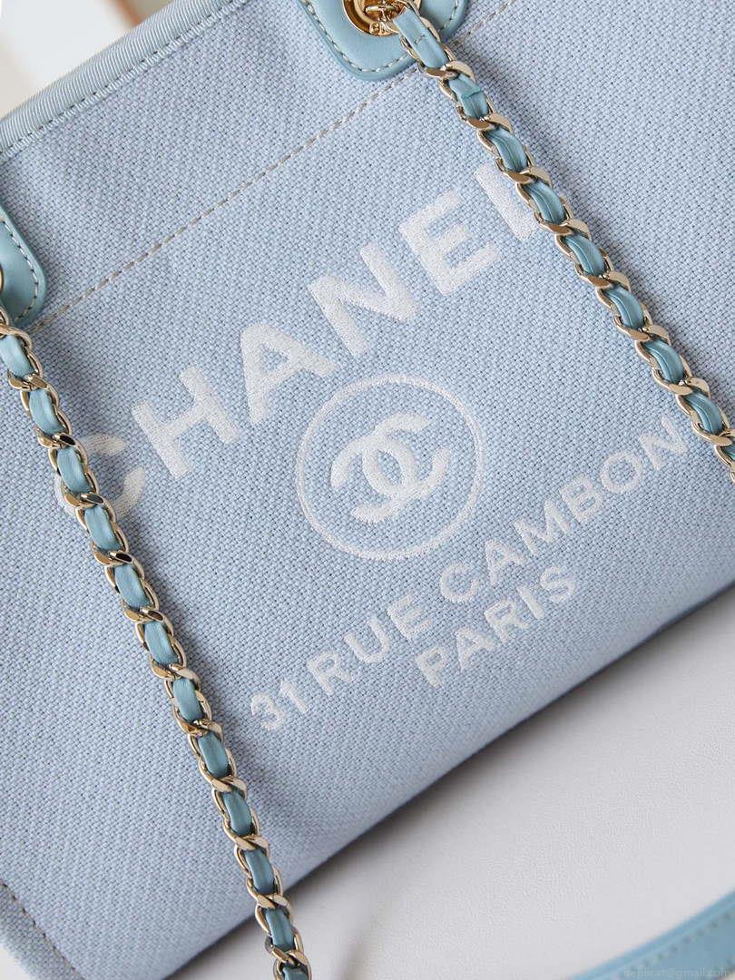 Chanel AS3257 Small Shopping Bag Mixed Fibers Calfskin & Gold-Tone Metal Ligth Blue