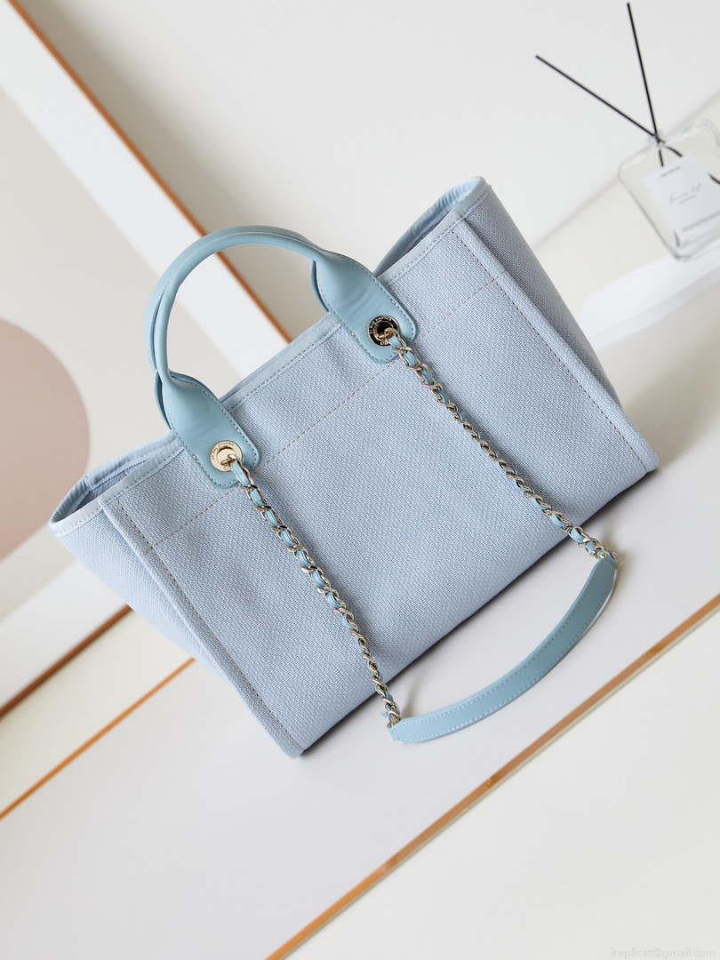 Chanel AS3257 Small Shopping Bag Mixed Fibers Calfskin & Gold-Tone Metal Ligth Blue