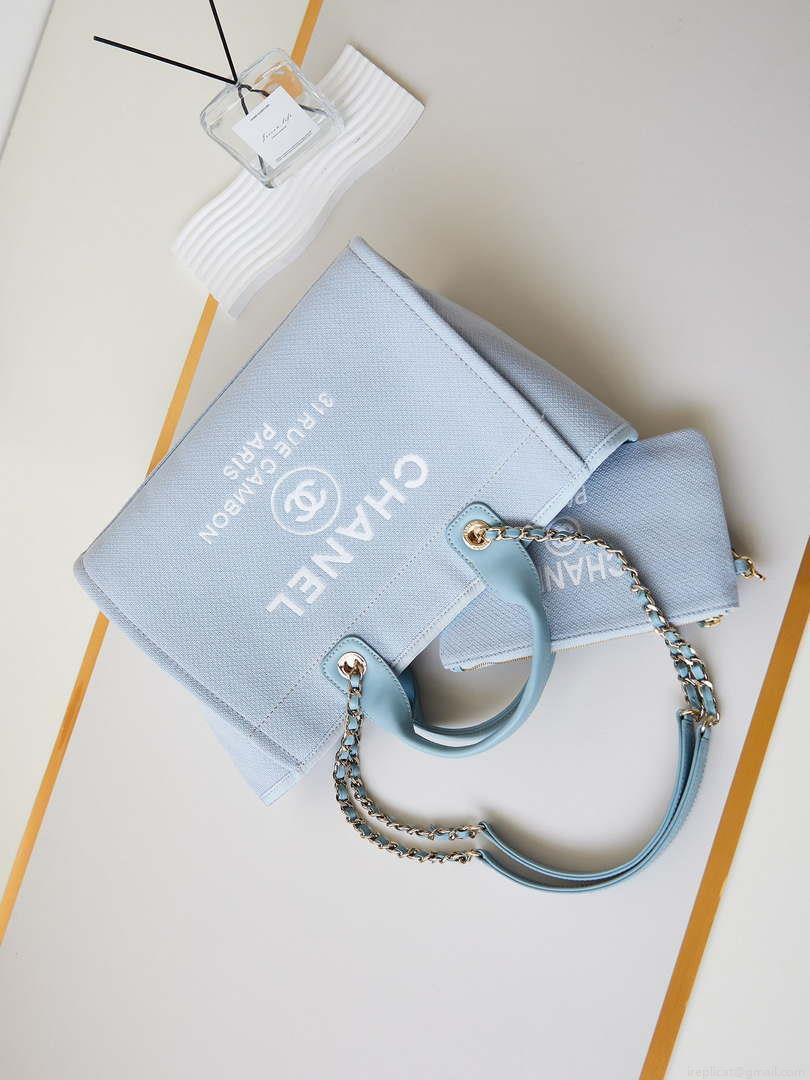 Chanel AS3257 Small Shopping Bag Mixed Fibers Calfskin & Gold-Tone Metal Ligth Blue