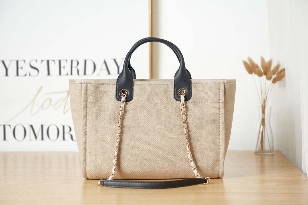 Chanel AS3257 Small Shopping Bag Mixed Fibers Calfskin & Gold-Tone Metal Beige