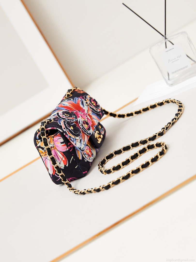 Chanel A69900 Mini Flap Printed Fabric & Gold Metal AS1116 Black & Multicolour