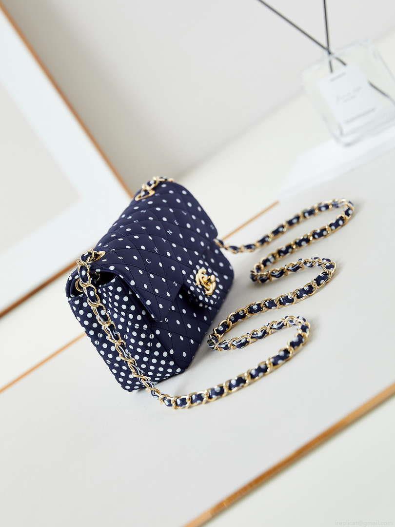 Chanel A69900 24P Mini Flap Blue Fabric Printed with white raindrops AS1116