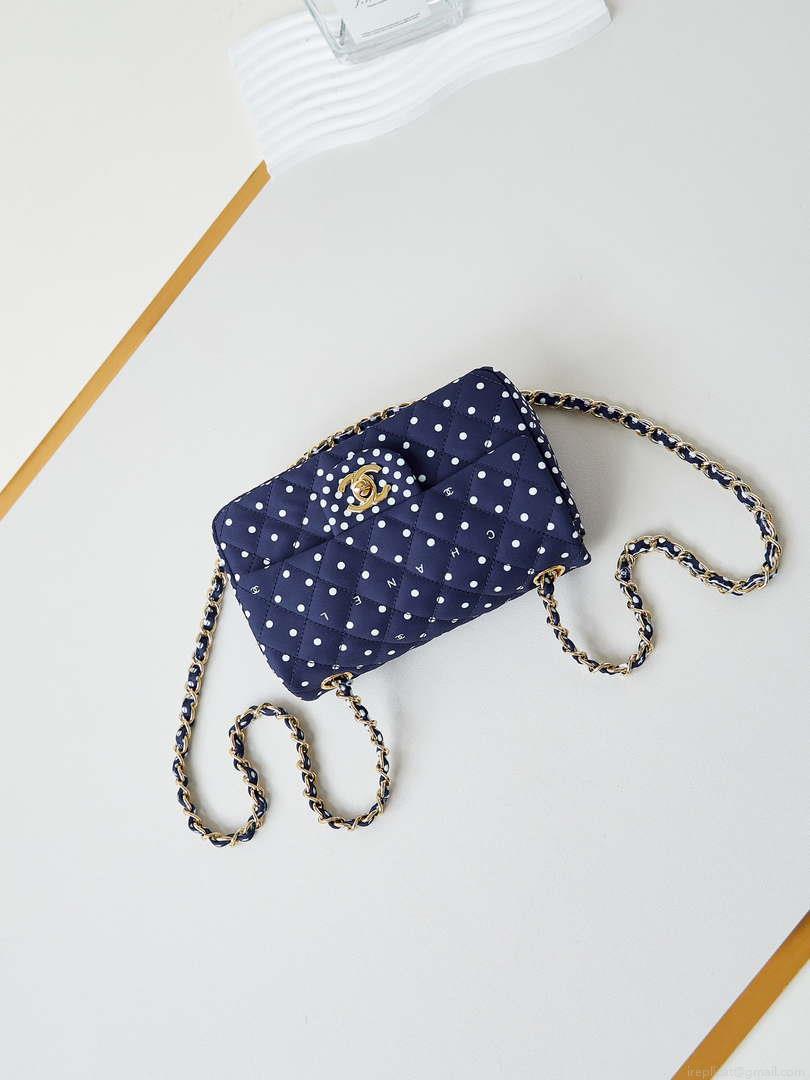 Chanel A69900 24P Mini Flap Blue Fabric Printed with white raindrops AS1116