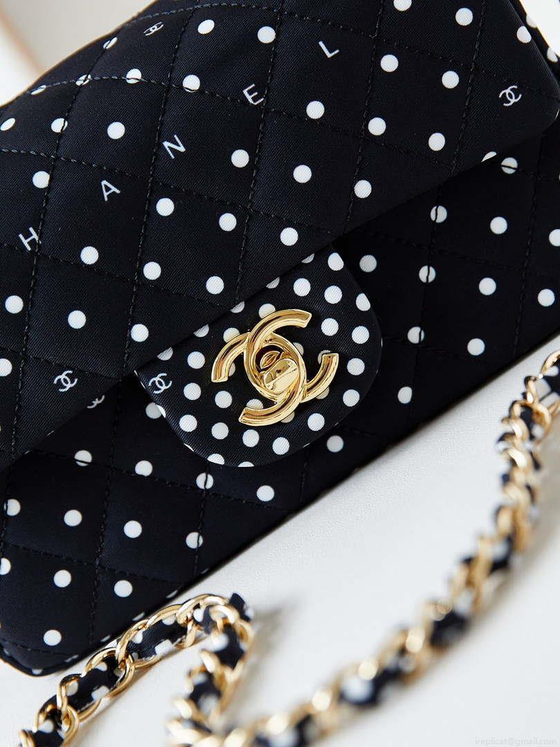 Chanel A69900 24P Mini Flap Black Fabric Printed with white raindrops AS1116