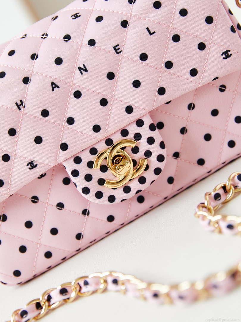 Chanel A69900 24P Mini Flap Pink Fabric Printed with white raindrops AS1116