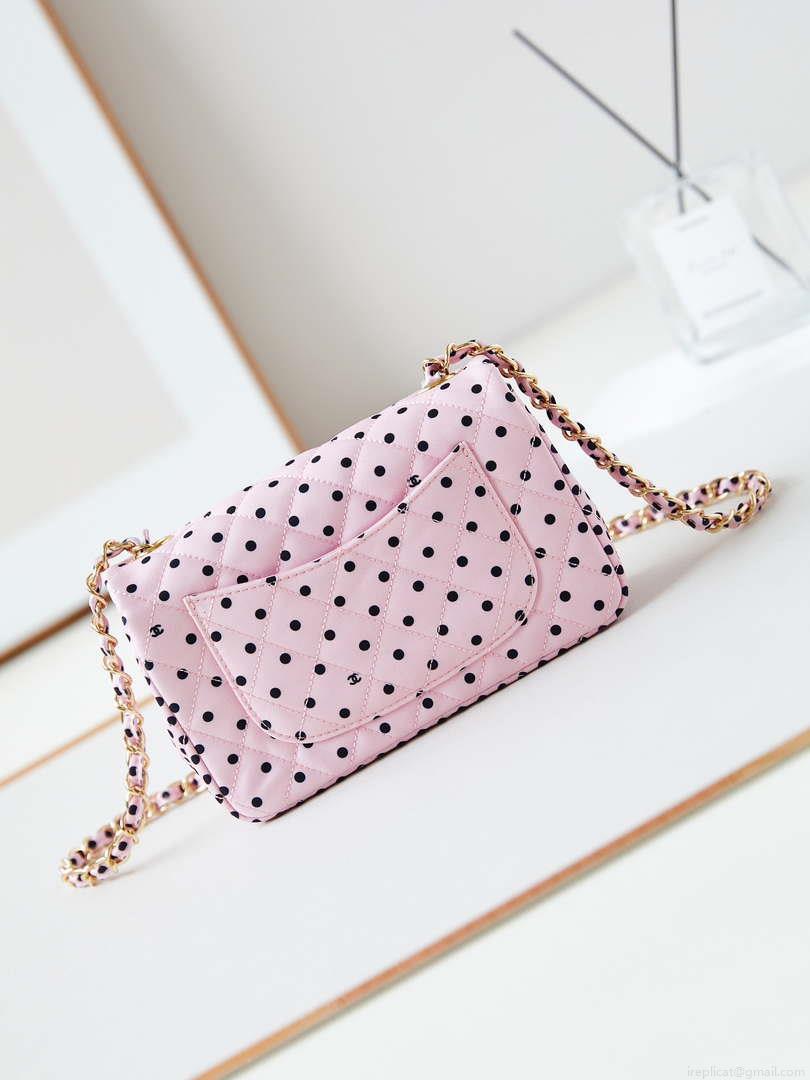 Chanel A69900 24P Mini Flap Pink Fabric Printed with white raindrops AS1116