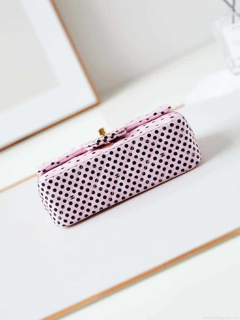 Chanel A69900 24P Mini Flap Pink Fabric Printed with white raindrops AS1116