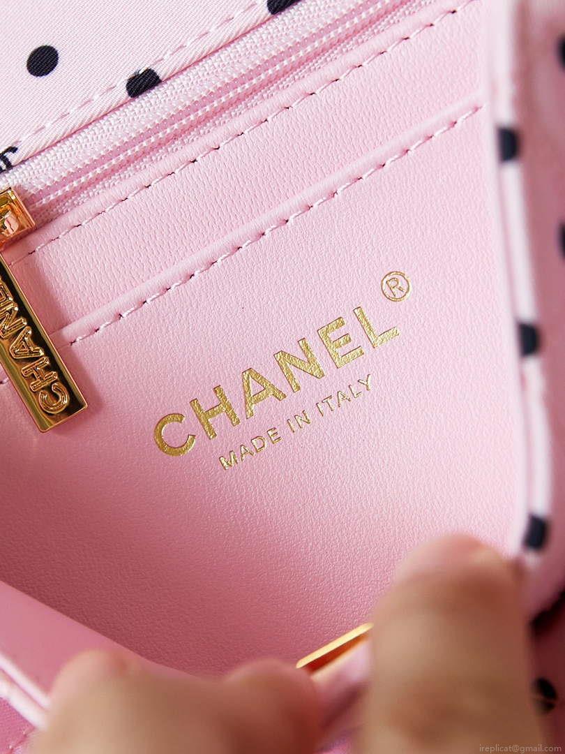 Chanel A69900 24P Mini Flap Pink Fabric Printed with white raindrops AS1116