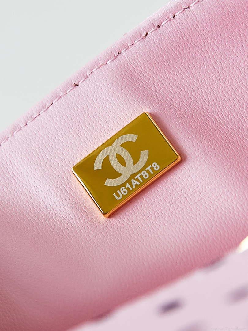Chanel A69900 24P Mini Flap Pink Fabric Printed with white raindrops AS1116