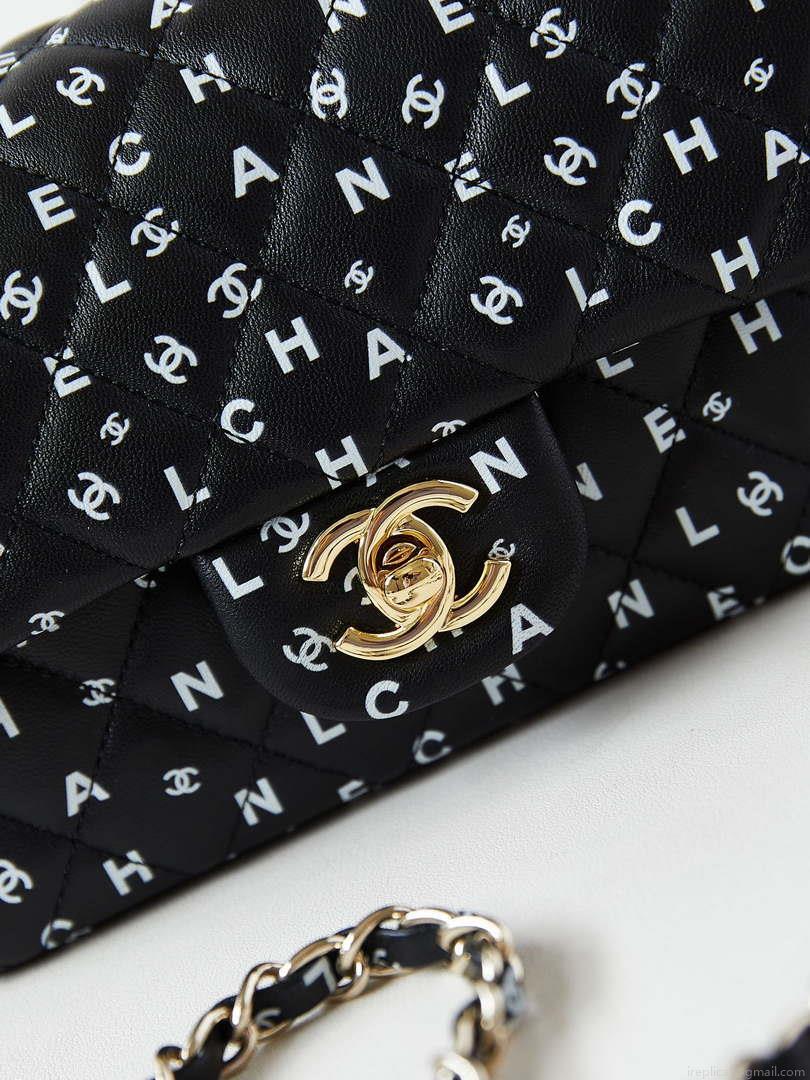 Chanel A69900 Mini Flap Black Lambskin Printed AS1116 with White CC logo
