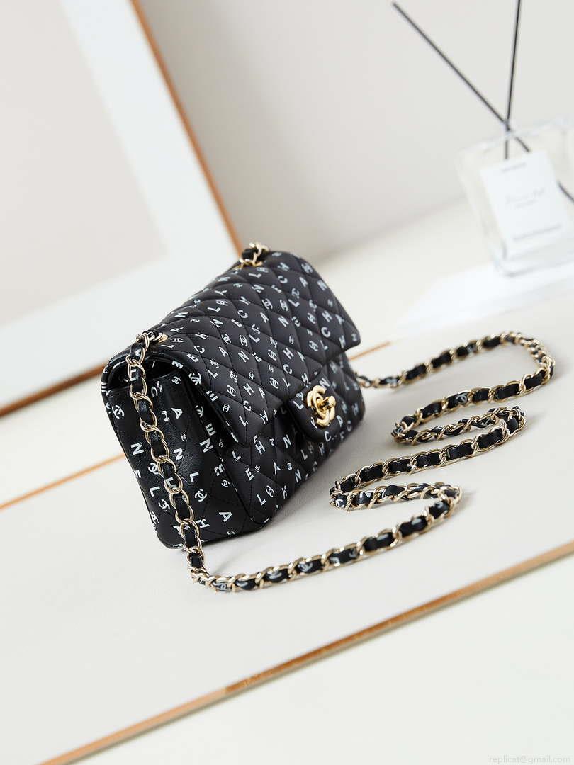 Chanel A69900 Mini Flap Black Lambskin Printed AS1116 with White CC logo