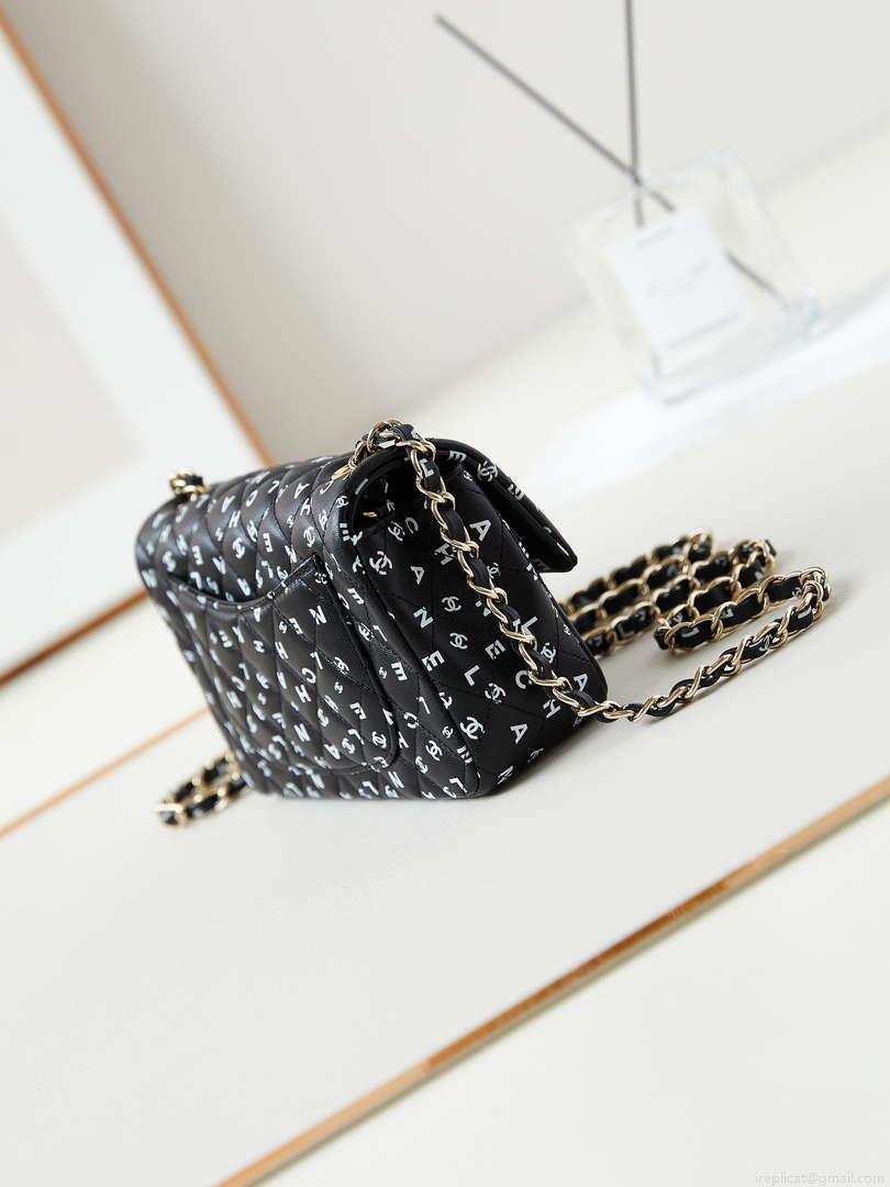 Chanel A69900 Mini Flap Black Lambskin Printed AS1116 with White CC logo